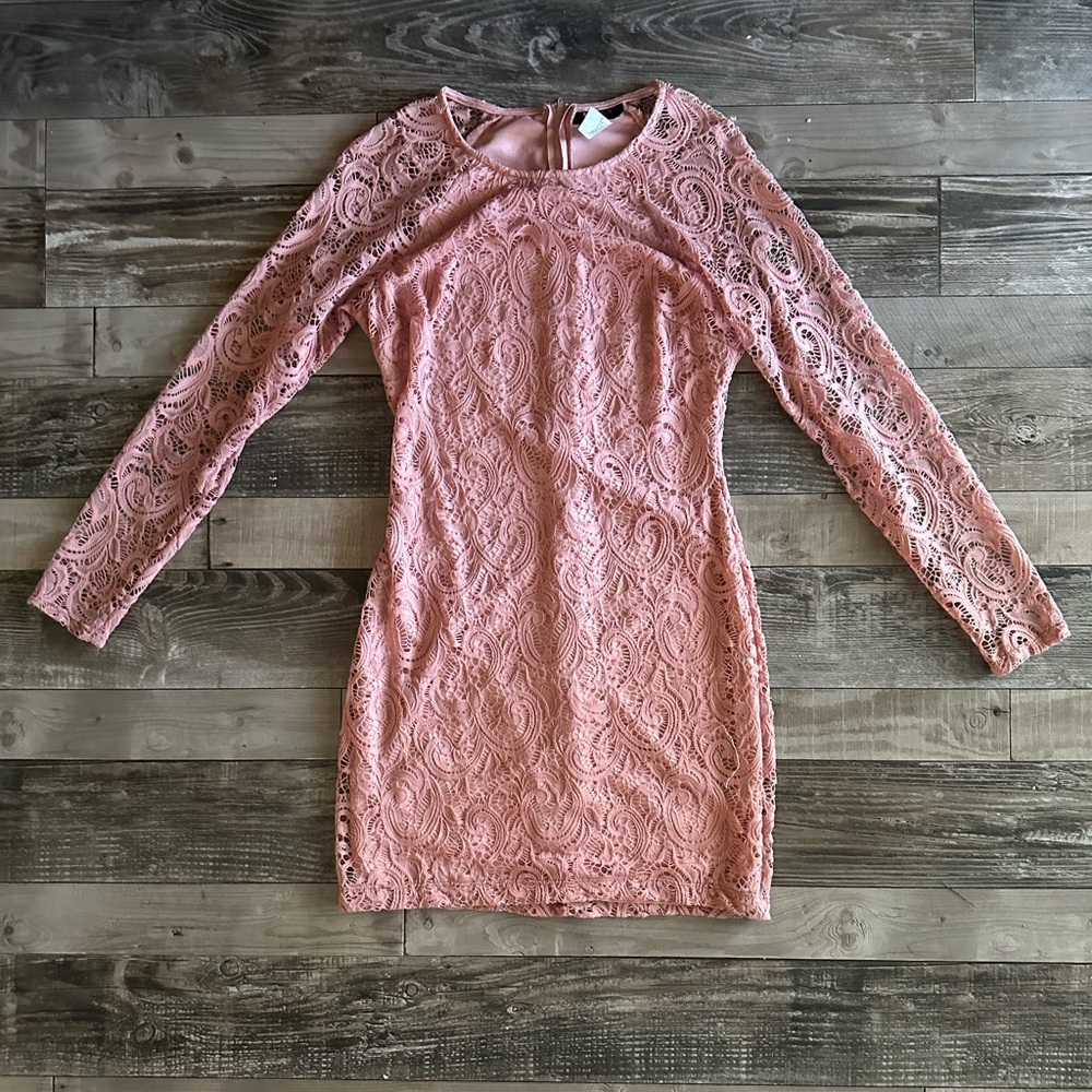 B Darlin Dusty Rose Lace Long-Sleeve Sheath Dress